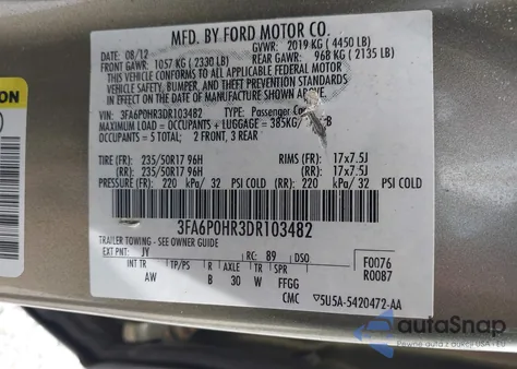 2013 Ford Fusion Se z USA, uszkodzony, nr VIN 3FA6P0HR3DR103482